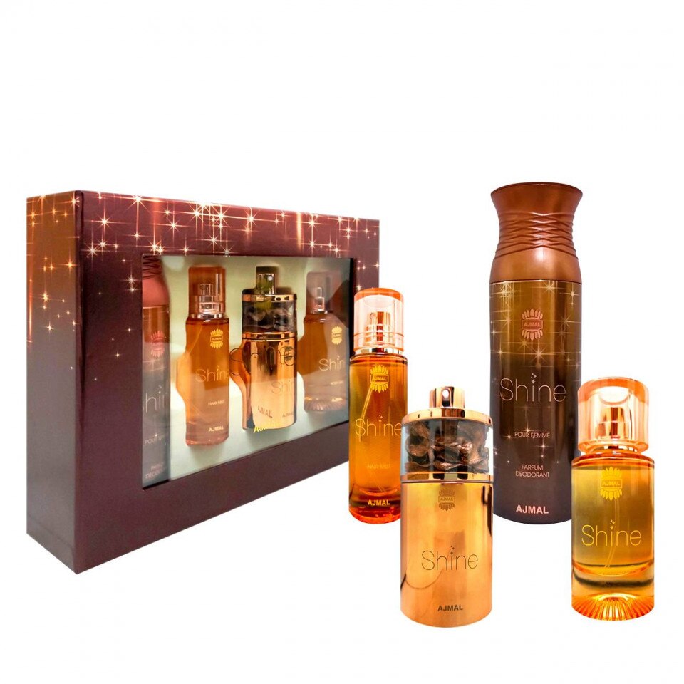 Set Cadou Ajmal Shine, Femei : 75 ml Apa de de Parfum + 100 ml Lotiune de corp + Hair Mist 30 ml + Deodorant 200 ml